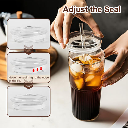 Glass Coffee Cups with Lids and Straws, 20oz Drinking Jar Glass Tumbler for Iced Coffee, Vintage Ripple Glassware Smoothie Cups, Pink, 2Pcs