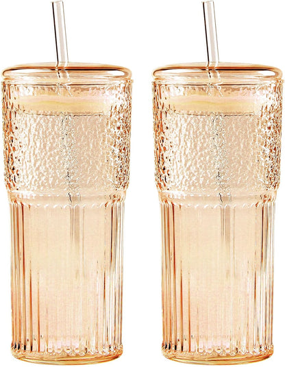 Glass Coffee Cups with Lids and Straws, 20oz Drinking Jar Glass Tumbler for Iced Coffee, Vintage Ripple Glassware Smoothie Cups, Pink, 2Pcs