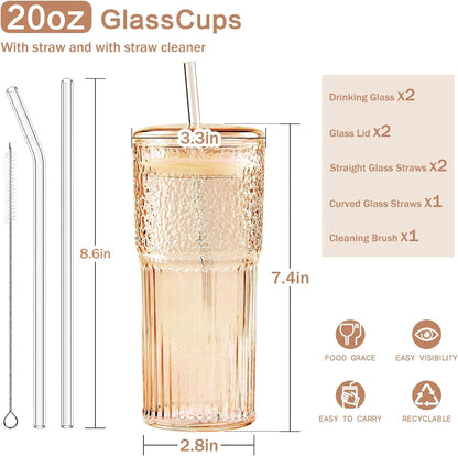 Glass Coffee Cups with Lids and Straws, 20oz Drinking Jar Glass Tumbler for Iced Coffee, Vintage Ripple Glassware Smoothie Cups, Pink, 2Pcs