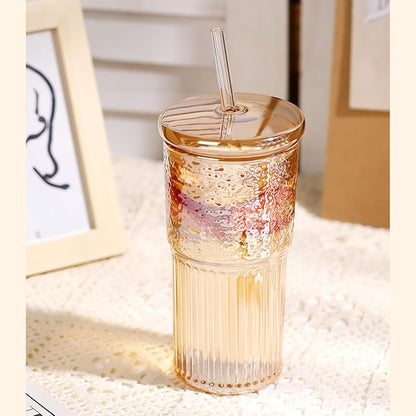 Glass Coffee Cups with Lids and Straws, 20oz Drinking Jar Glass Tumbler for Iced Coffee, Vintage Ripple Glassware Smoothie Cups, Pink, 2Pcs