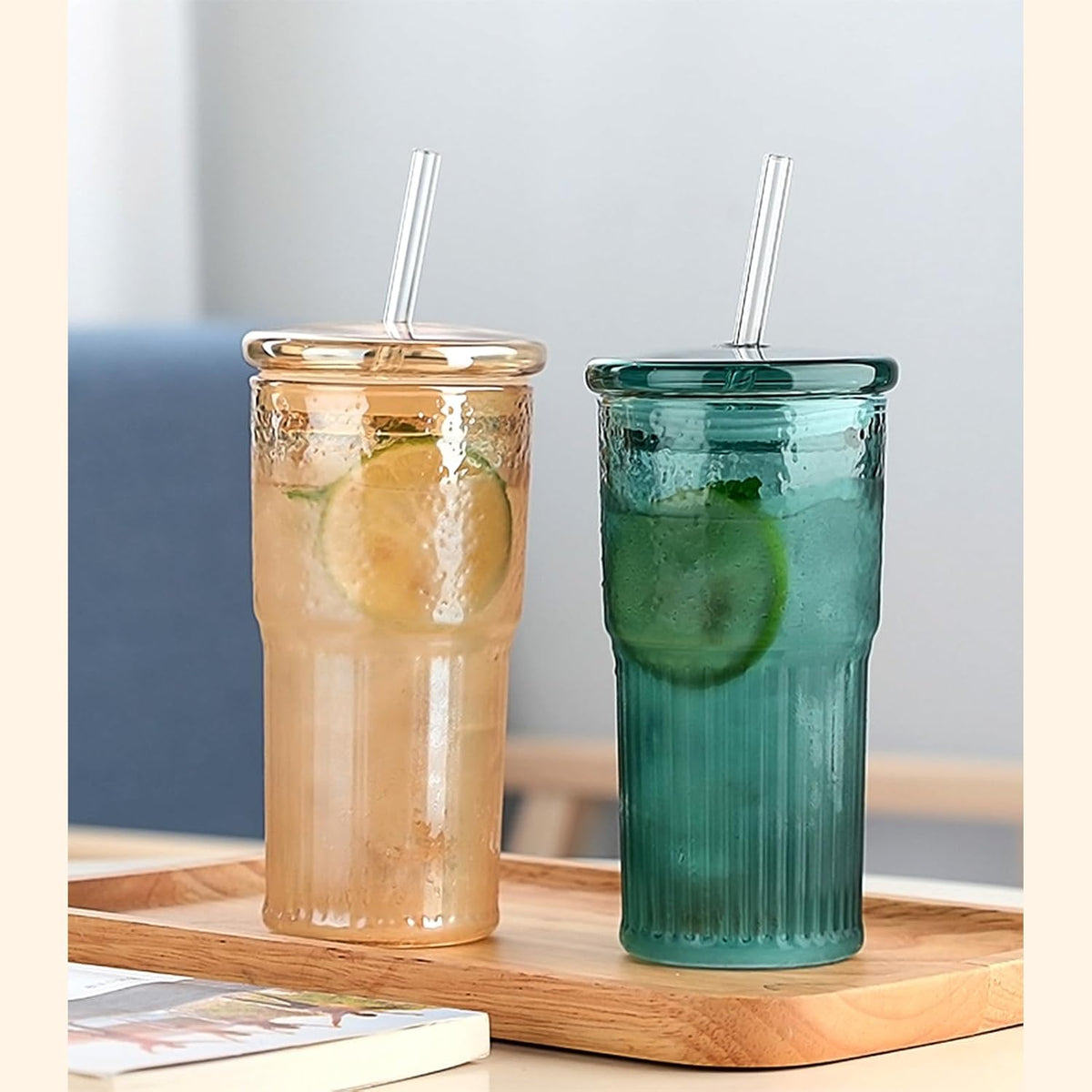 Glass Coffee Cups with Lids and Straws, 20oz Drinking Jar Glass Tumbler for Iced Coffee, Vintage Ripple Glassware Smoothie Cups, Pink, 2Pcs