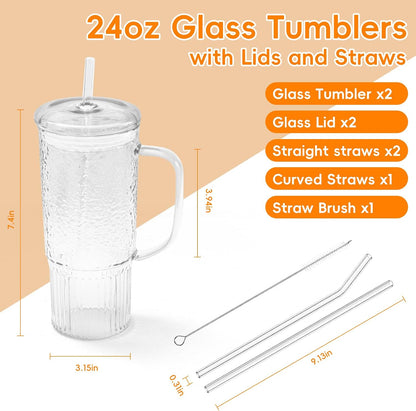 Glass Coffee Cups with Lids and Straws, 20oz Drinking Jar Glass Tumbler for Iced Coffee, Vintage Ripple Glassware Smoothie Cups, Pink, 2Pcs