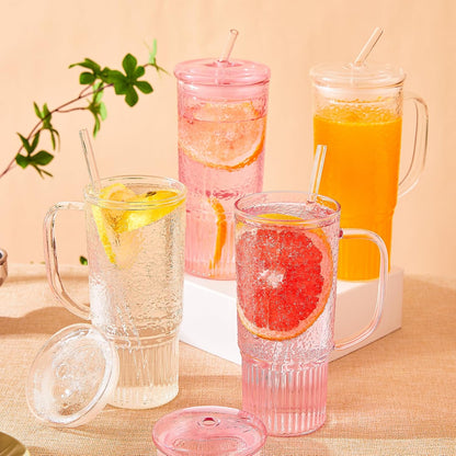Glass Coffee Cups with Lids and Straws, 20oz Drinking Jar Glass Tumbler for Iced Coffee, Vintage Ripple Glassware Smoothie Cups, Pink, 2Pcs