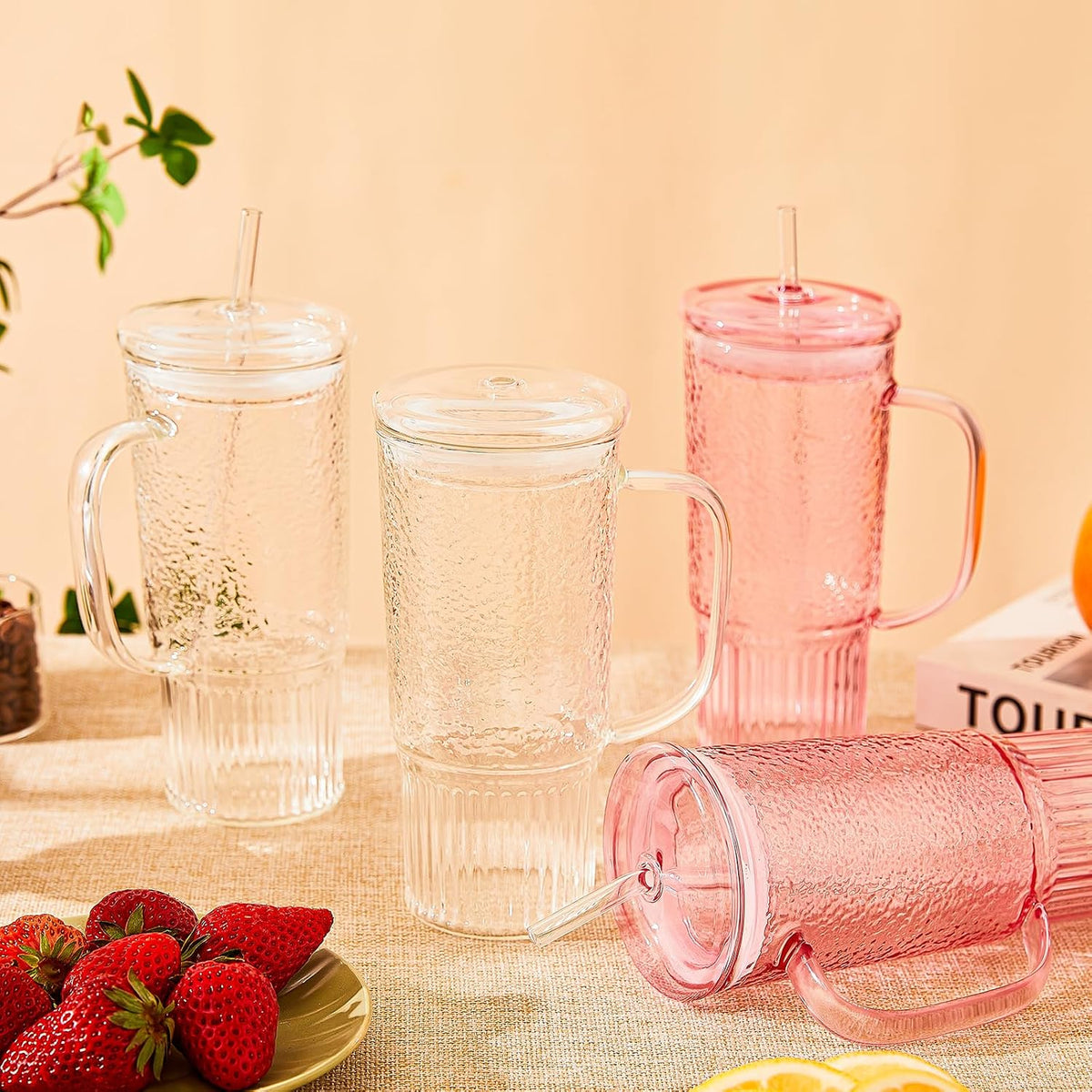 Glass Coffee Cups with Lids and Straws, 20oz Drinking Jar Glass Tumbler for Iced Coffee, Vintage Ripple Glassware Smoothie Cups, Pink, 2Pcs