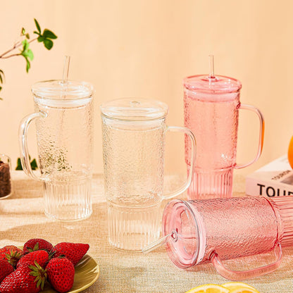 Glass Coffee Cups with Lids and Straws, 20oz Drinking Jar Glass Tumbler for Iced Coffee, Vintage Ripple Glassware Smoothie Cups, Pink, 2Pcs