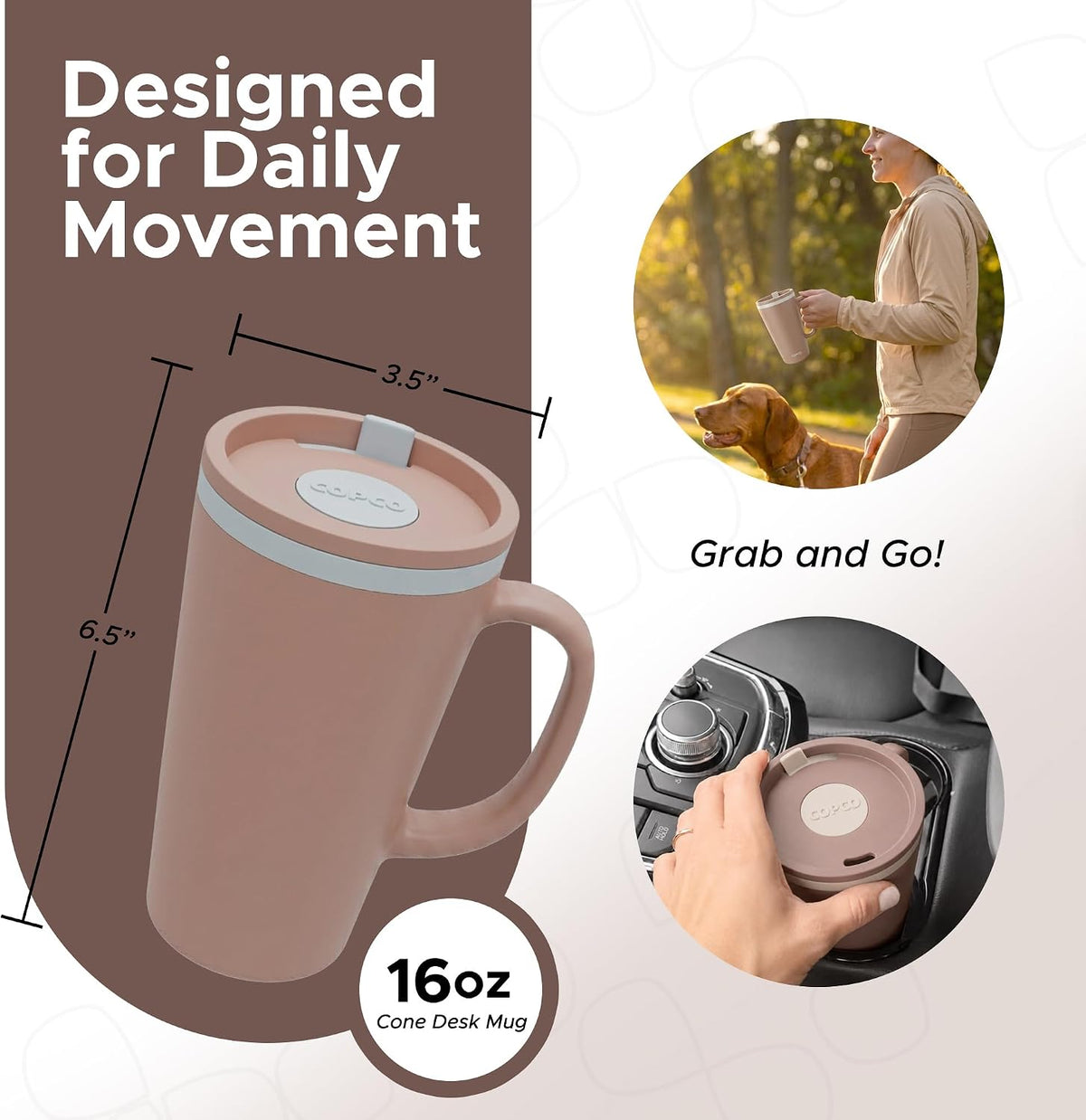 16 Oz Cone Desk Mug - Twist-Off Lid, Handle & Slide Tab (Brown)