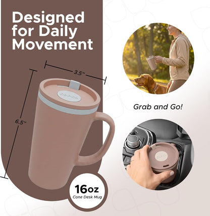 16 Oz Cone Desk Mug - Twist-Off Lid, Handle & Slide Tab (Brown)