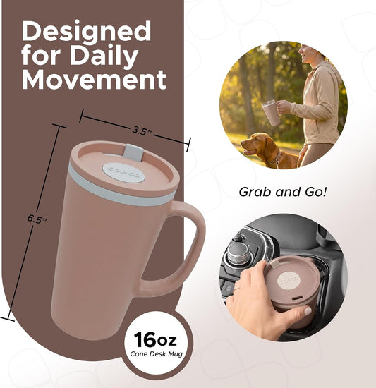 16 Oz Cone Desk Mug - Twist-Off Lid, Handle & Slide Tab (Brown)