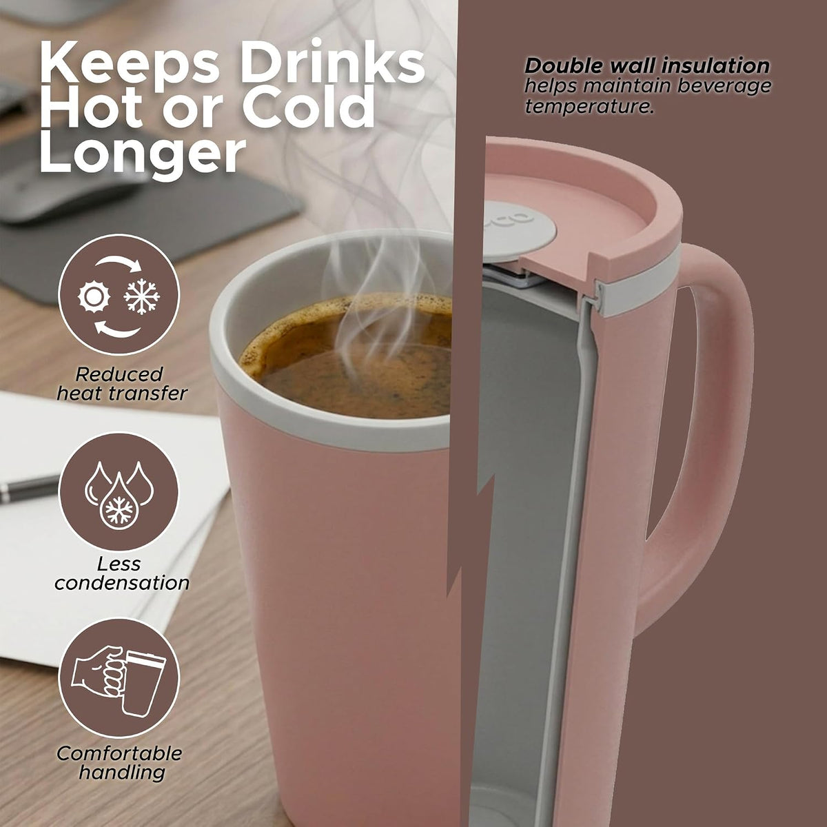 16 Oz Cone Desk Mug - Twist-Off Lid, Handle & Slide Tab (Brown)