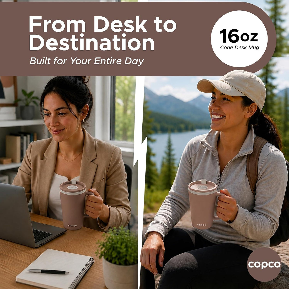 16 Oz Cone Desk Mug - Twist-Off Lid, Handle & Slide Tab (Brown)