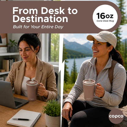16 Oz Cone Desk Mug - Twist-Off Lid, Handle & Slide Tab (Brown)