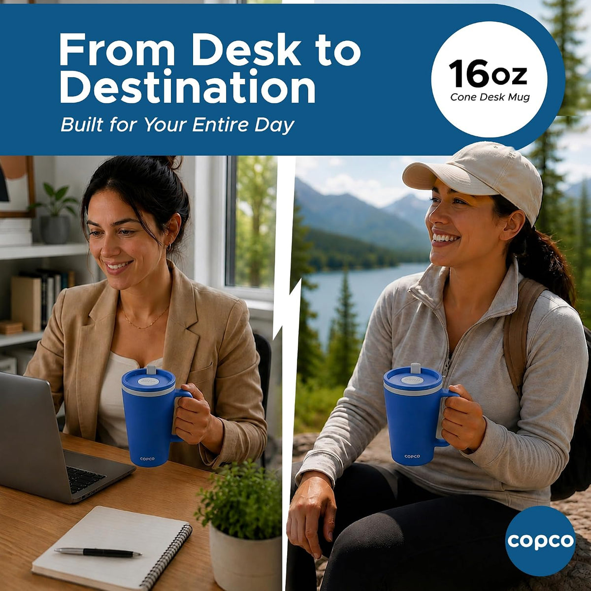 16 Oz Cone Desk Mug - Twist-Off Lid, Handle & Slide Tab (Brown)