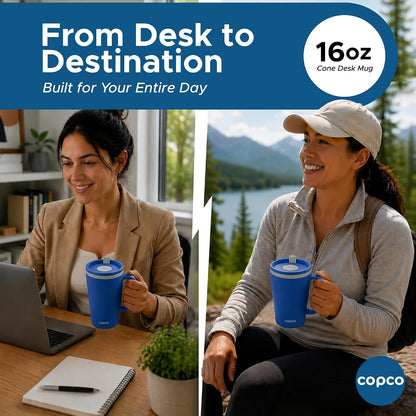 16 Oz Cone Desk Mug - Twist-Off Lid, Handle & Slide Tab (Brown)