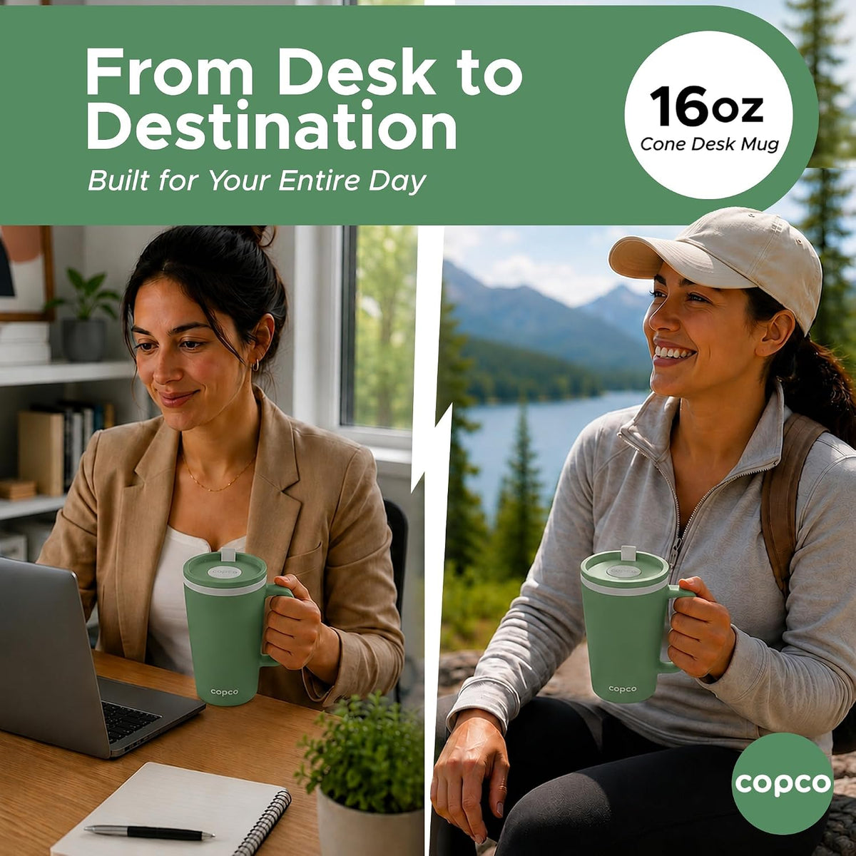 16 Oz Cone Desk Mug - Twist-Off Lid, Handle & Slide Tab (Brown)