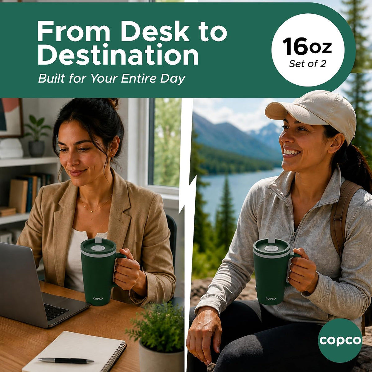16 Oz Cone Desk Mug - Twist-Off Lid, Handle & Slide Tab (Brown)