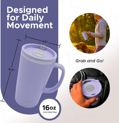 16 Oz Cone Desk Mug - Twist-Off Lid, Handle & Slide Tab (Brown)