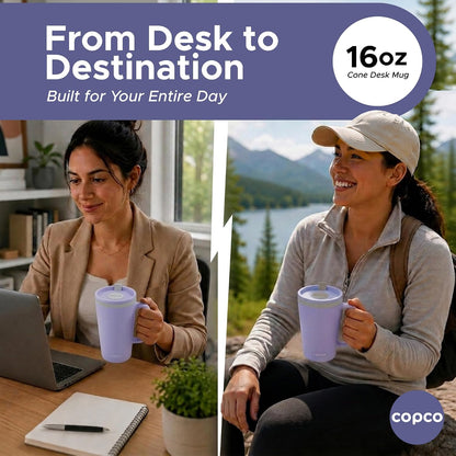 16 Oz Cone Desk Mug - Twist-Off Lid, Handle & Slide Tab (Brown)