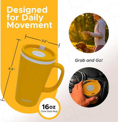 16 Oz Cone Desk Mug - Twist-Off Lid, Handle & Slide Tab (Brown)