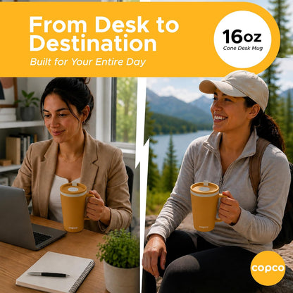 16 Oz Cone Desk Mug - Twist-Off Lid, Handle & Slide Tab (Brown)