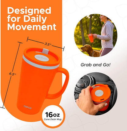 16 Oz Cone Desk Mug - Twist-Off Lid, Handle & Slide Tab (Brown)