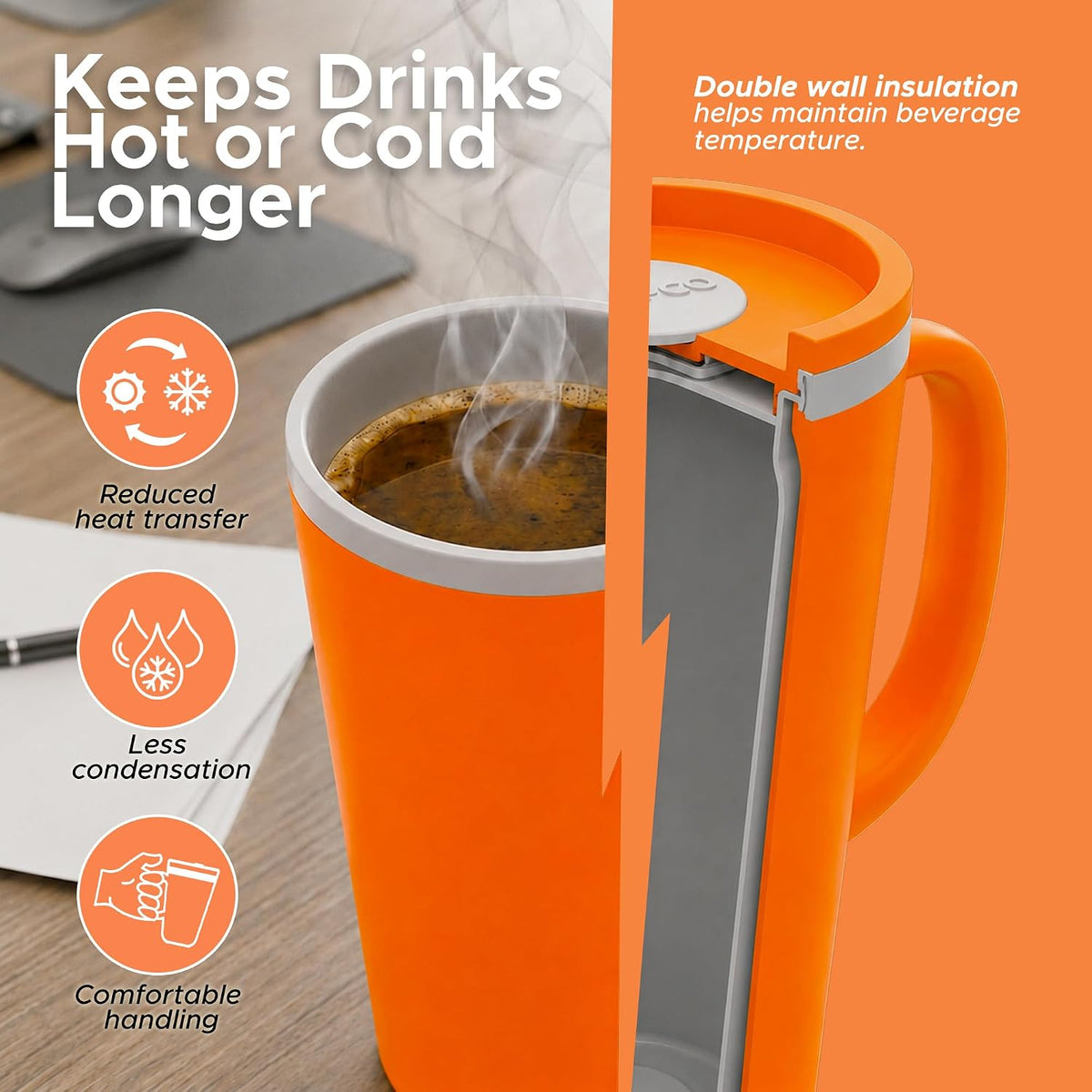16 Oz Cone Desk Mug - Twist-Off Lid, Handle & Slide Tab (Brown)