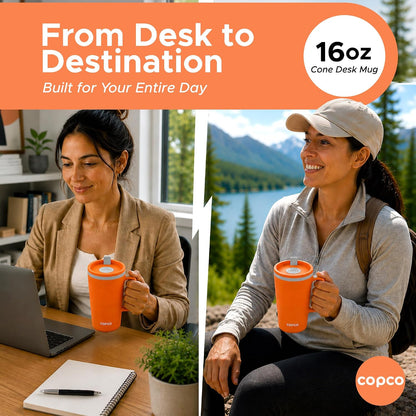 16 Oz Cone Desk Mug - Twist-Off Lid, Handle & Slide Tab (Brown)