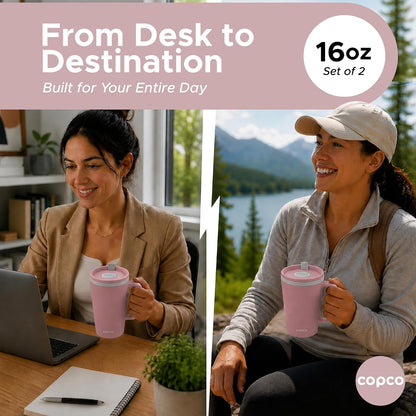 16 Oz Cone Desk Mug - Twist-Off Lid, Handle & Slide Tab (Brown)