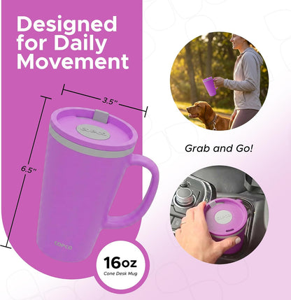 16 Oz Cone Desk Mug - Twist-Off Lid, Handle & Slide Tab (Brown)