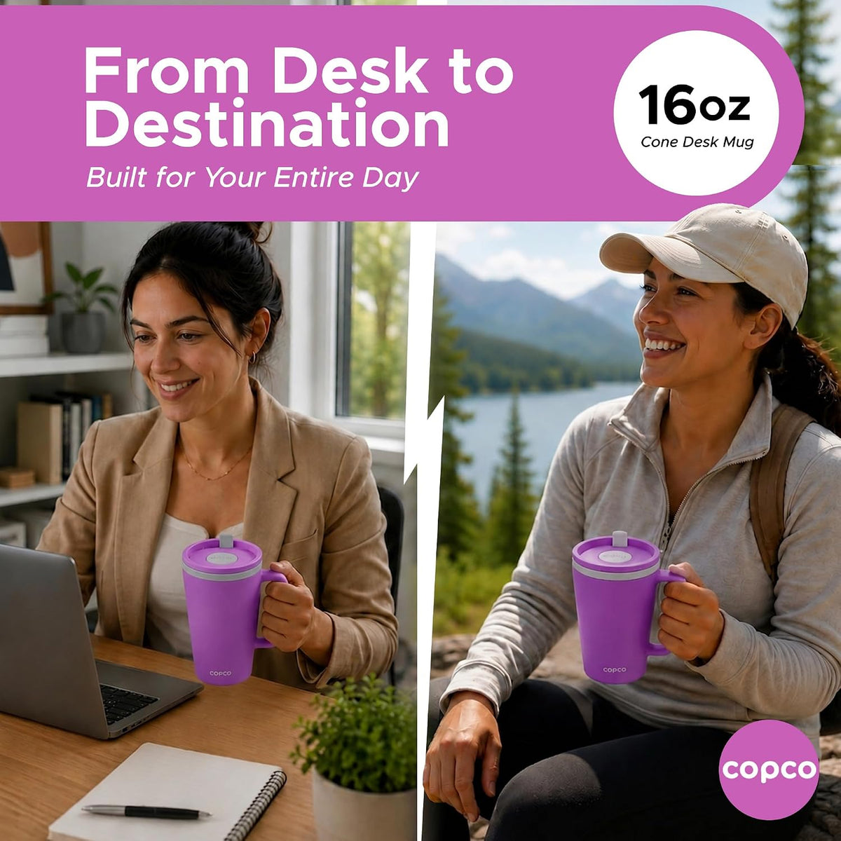 16 Oz Cone Desk Mug - Twist-Off Lid, Handle & Slide Tab (Brown)