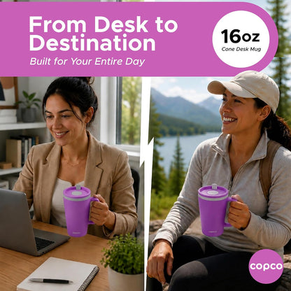 16 Oz Cone Desk Mug - Twist-Off Lid, Handle & Slide Tab (Brown)