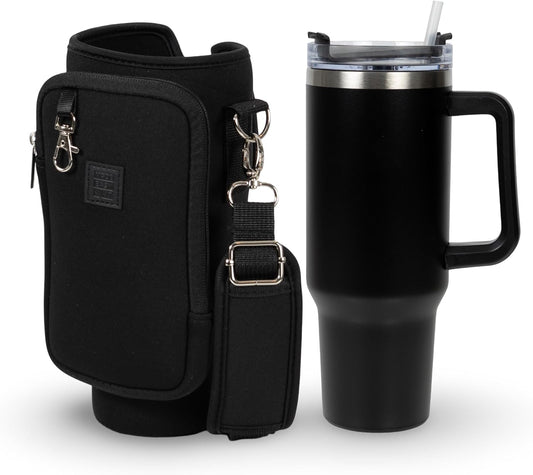 Cup Tumbler & Carrier Cell Pocket - Water, Tea, Coffee, Juice - Neoprene Sleeve Pouch Shoulder Strap - Stainless Steel Vacuum Insulated Bottle, Lid, Straw, Carabiner (Pink Marble, 40oz)