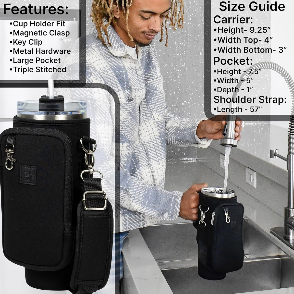 Cup Tumbler & Carrier Cell Pocket - Water, Tea, Coffee, Juice - Neoprene Sleeve Pouch Shoulder Strap - Stainless Steel Vacuum Insulated Bottle, Lid, Straw, Carabiner (Pink Marble, 40oz)