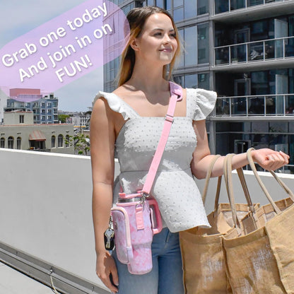 Cup Tumbler & Carrier Cell Pocket - Water, Tea, Coffee, Juice - Neoprene Sleeve Pouch Shoulder Strap - Stainless Steel Vacuum Insulated Bottle, Lid, Straw, Carabiner (Pink Marble, 40oz)