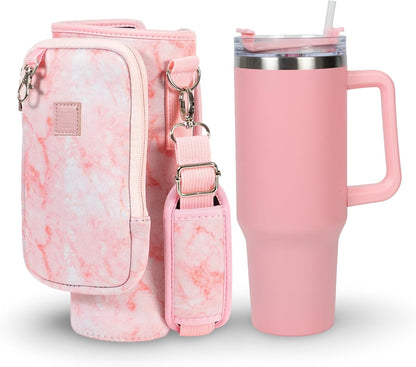 Cup Tumbler & Carrier Cell Pocket - Water, Tea, Coffee, Juice - Neoprene Sleeve Pouch Shoulder Strap - Stainless Steel Vacuum Insulated Bottle, Lid, Straw, Carabiner (Pink Marble, 40oz)