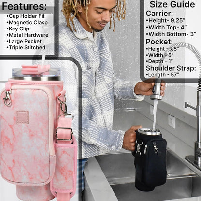 Cup Tumbler & Carrier Cell Pocket - Water, Tea, Coffee, Juice - Neoprene Sleeve Pouch Shoulder Strap - Stainless Steel Vacuum Insulated Bottle, Lid, Straw, Carabiner (Pink Marble, 40oz)