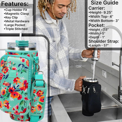 Cup Tumbler & Carrier Cell Pocket - Water, Tea, Coffee, Juice - Neoprene Sleeve Pouch Shoulder Strap - Stainless Steel Vacuum Insulated Bottle, Lid, Straw, Carabiner (Pink Marble, 40oz)