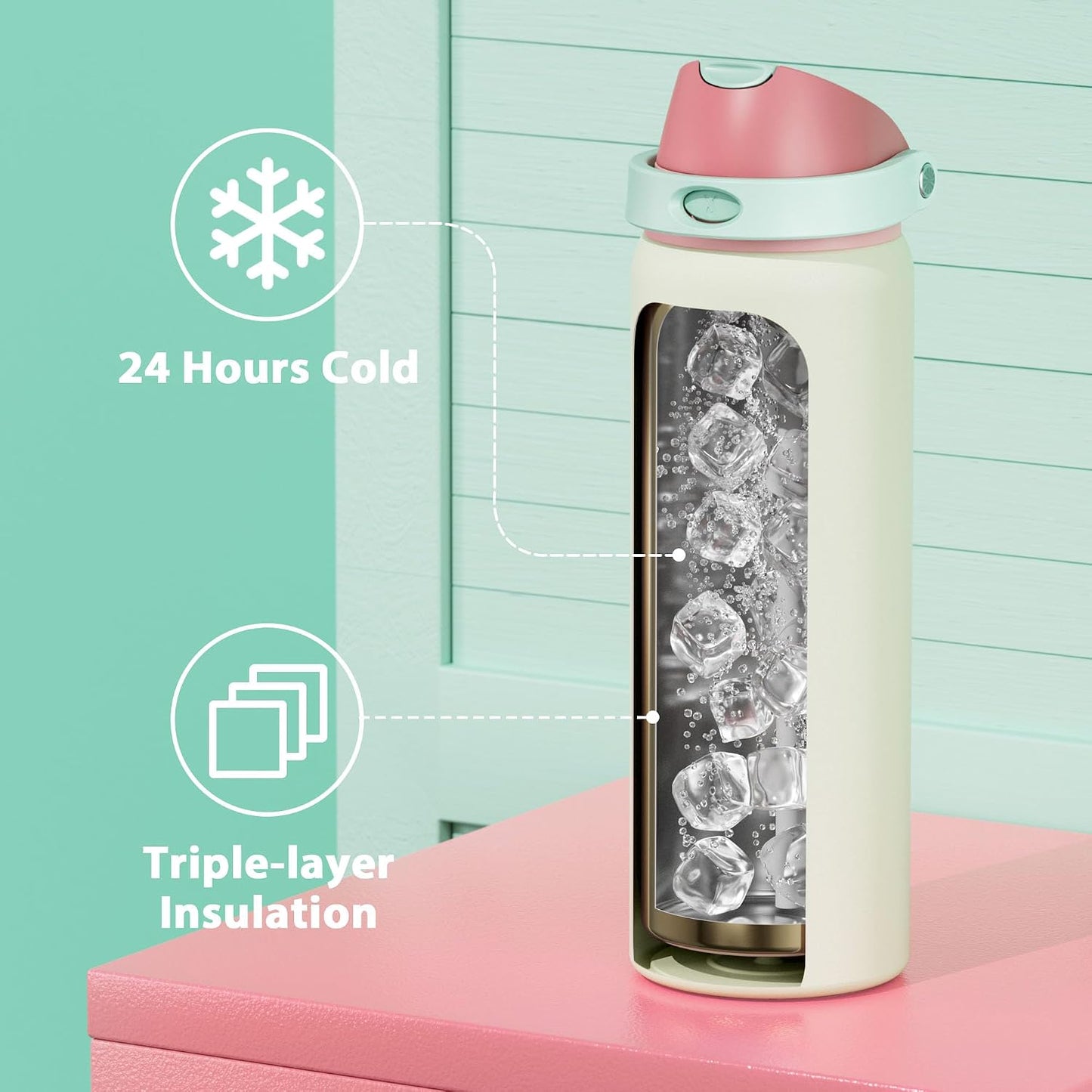 32 oz Insulated Water Bottle with Straw: Stainless Steel Metal Water Bottle with 2-in-1 Lid - Leak Proof, Cold for 24 Hours, Protective Silicone Base, BPA-Free for Sports Gym, Sage - Colors A