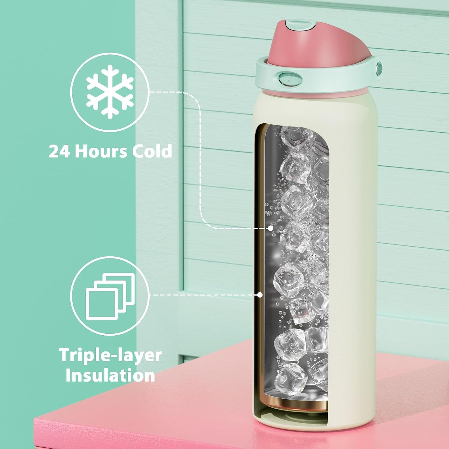 32 oz Insulated Water Bottle with Straw: Stainless Steel Metal Water Bottle with 2-in-1 Lid - Leak Proof, Cold for 24 Hours, Protective Silicone Base, BPA-Free for Sports Gym, Sage - Colors A