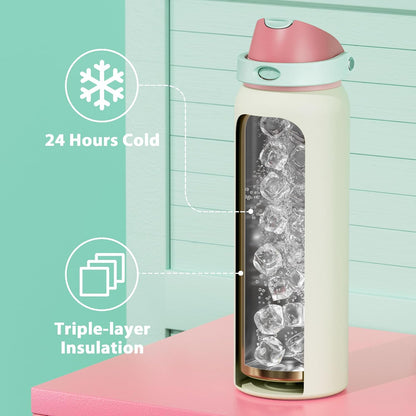 32 oz Insulated Water Bottle with Straw: Stainless Steel Metal Water Bottle with 2-in-1 Lid - Leak Proof, Cold for 24 Hours, Protective Silicone Base, BPA-Free for Sports Gym, Sage - Colors A