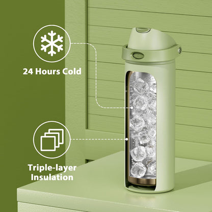 32 oz Insulated Water Bottle with Straw: Stainless Steel Metal Water Bottle with 2-in-1 Lid - Leak Proof, Cold for 24 Hours, Protective Silicone Base, BPA-Free for Sports Gym, Sage - Colors A
