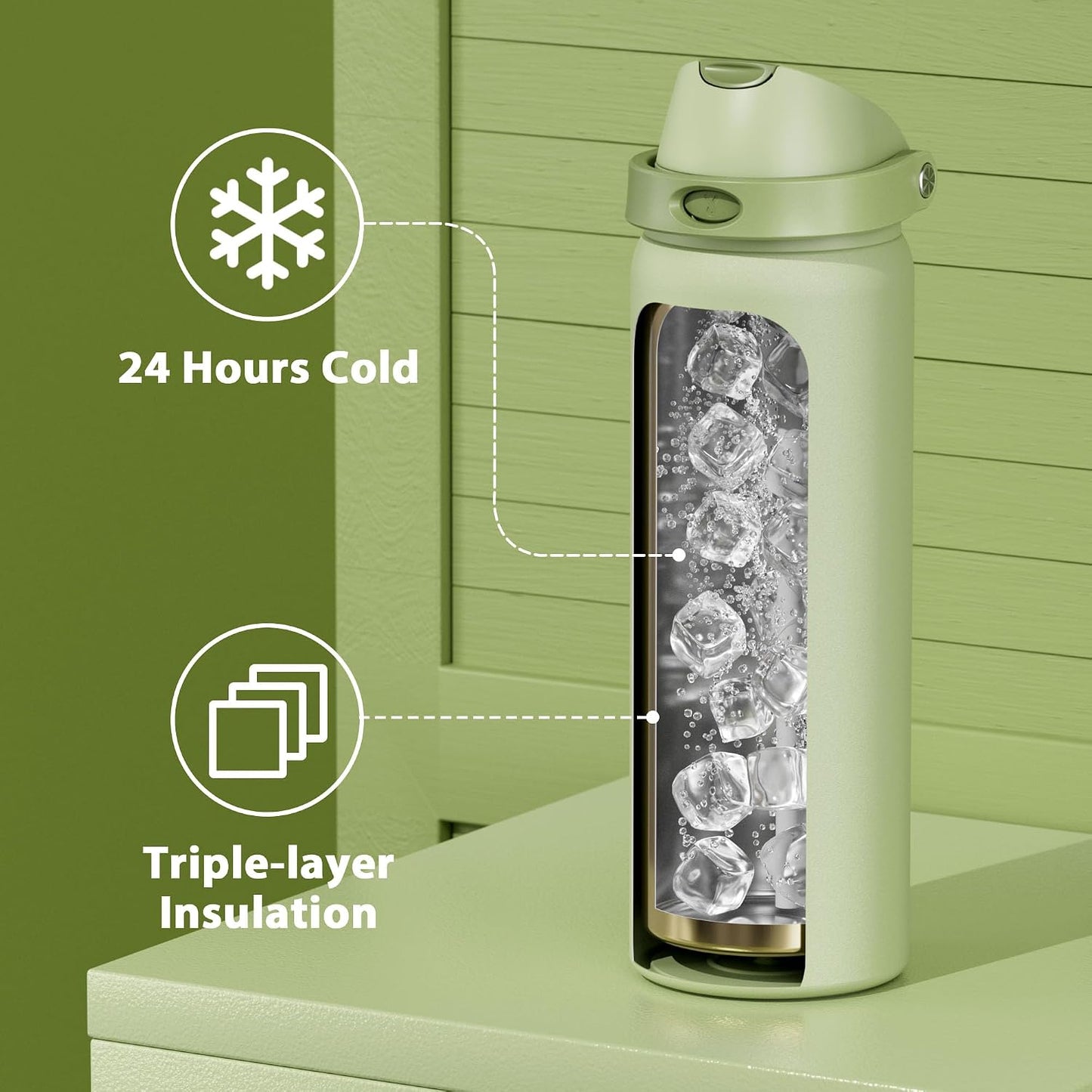 32 oz Insulated Water Bottle with Straw: Stainless Steel Metal Water Bottle with 2-in-1 Lid - Leak Proof, Cold for 24 Hours, Protective Silicone Base, BPA-Free for Sports Gym, Sage - Colors A
