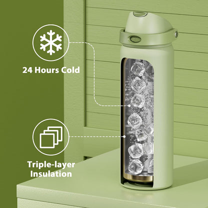32 oz Insulated Water Bottle with Straw: Stainless Steel Metal Water Bottle with 2-in-1 Lid - Leak Proof, Cold for 24 Hours, Protective Silicone Base, BPA-Free for Sports Gym, Sage - Colors A
