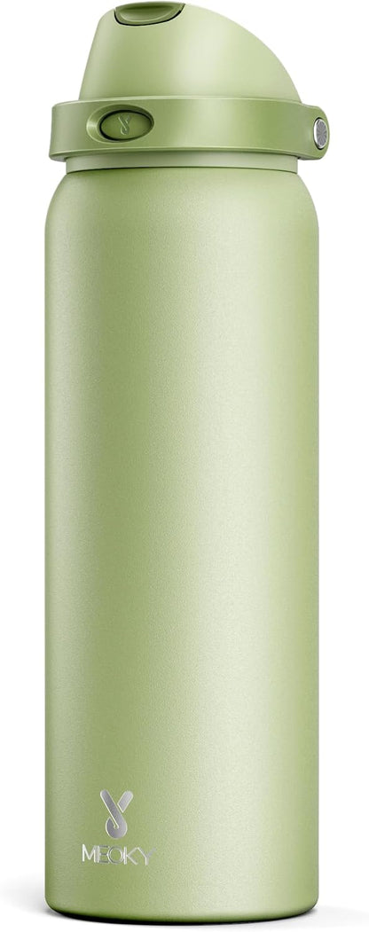 32 oz Insulated Water Bottle with Straw: Stainless Steel Metal Water Bottle with 2-in-1 Lid - Leak Proof, Cold for 24 Hours, Protective Silicone Base, BPA-Free for Sports Gym, Sage - Colors A