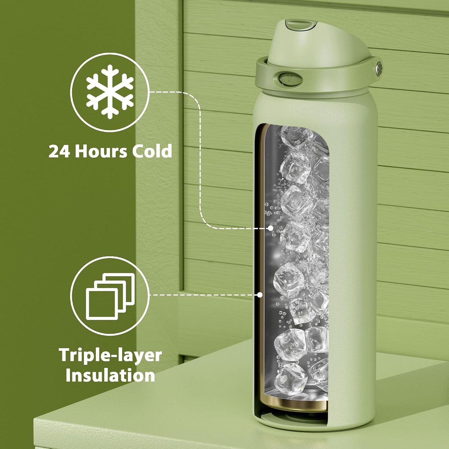 32 oz Insulated Water Bottle with Straw: Stainless Steel Metal Water Bottle with 2-in-1 Lid - Leak Proof, Cold for 24 Hours, Protective Silicone Base, BPA-Free for Sports Gym, Sage - Colors A