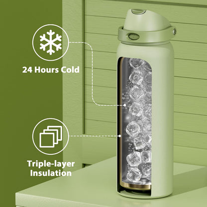 32 oz Insulated Water Bottle with Straw: Stainless Steel Metal Water Bottle with 2-in-1 Lid - Leak Proof, Cold for 24 Hours, Protective Silicone Base, BPA-Free for Sports Gym, Sage - Colors A