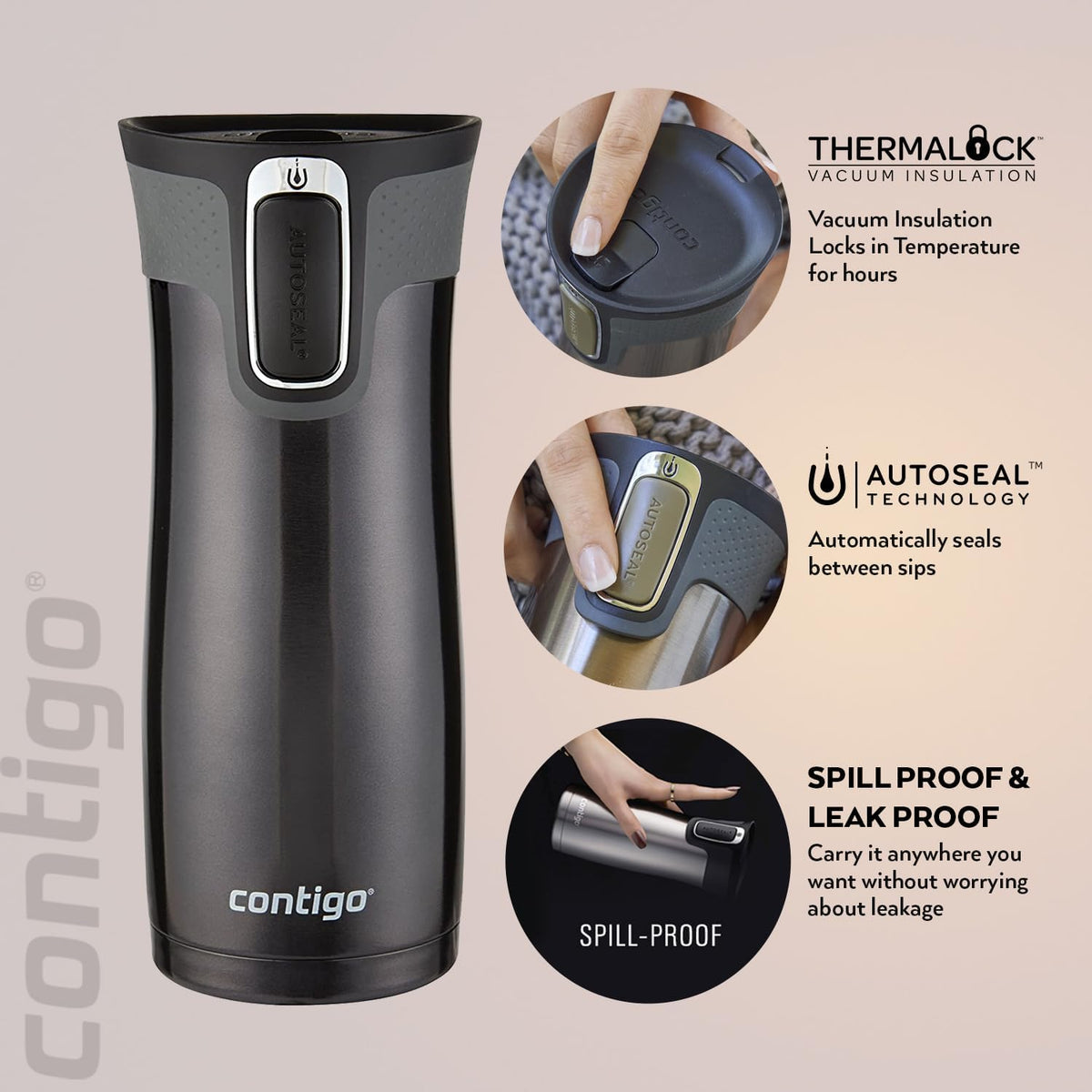 West Loop Autoseal Travel Mug, Stainless Steel Thermal Mug, Vacuum Flask, Leakproof Tumbler, Coffee Mug with BPA-Free Easy-Clean Lid