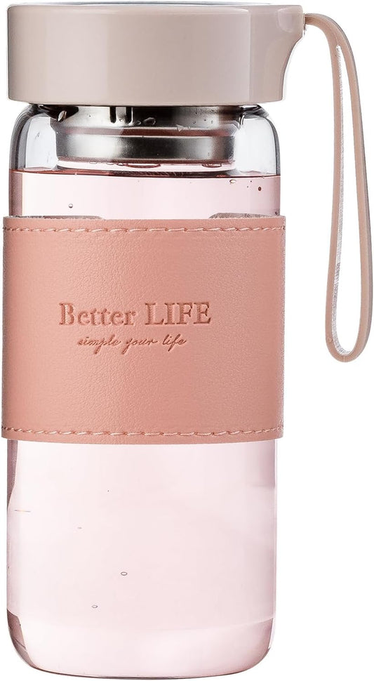 Glass Tea Bottle 16 oz Drinking Bottle with Non-Slip Holster, and Stainless Tea Infuser,Leak Proof Lid,Portable Glass Water Bottle for School, Office, Car & Home,as a gift, etc (Pink)