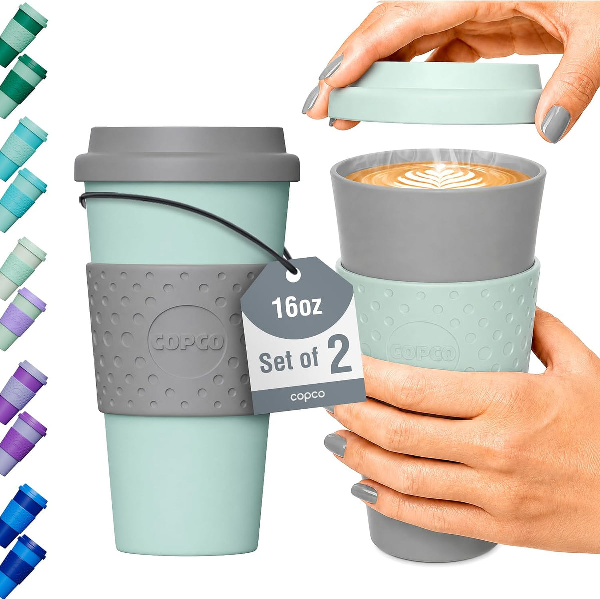 Acadia Travel Mug with Lid, 16 Oz - Aqua & Gray, Set of 2
