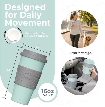 Acadia Travel Mug with Lid, 16 Oz - Aqua & Gray, Set of 2