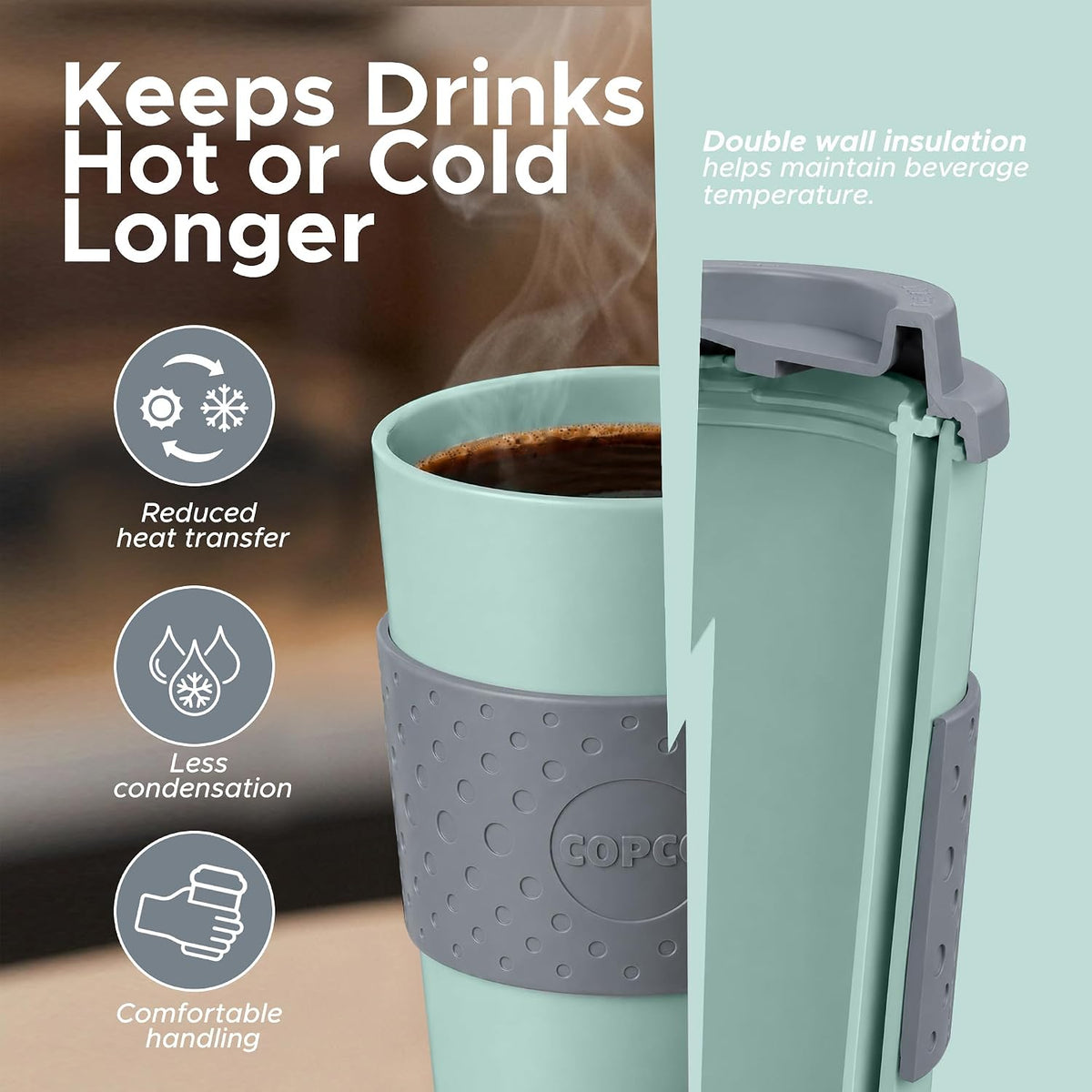 Acadia Travel Mug with Lid, 16 Oz - Aqua & Gray, Set of 2